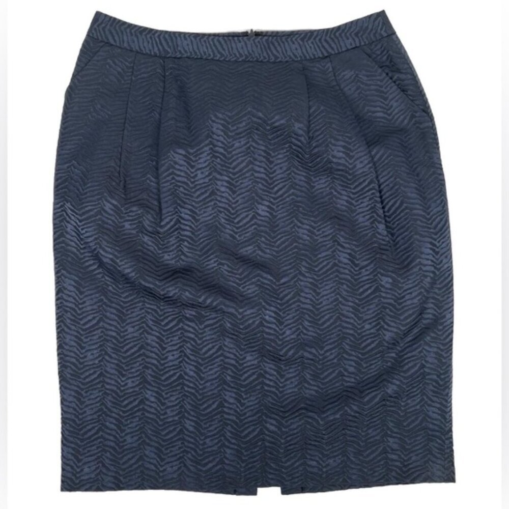 Lafayette 148 SILK Blend Skirt Blue Satin Pencil Lined Textured Pockets Size 8